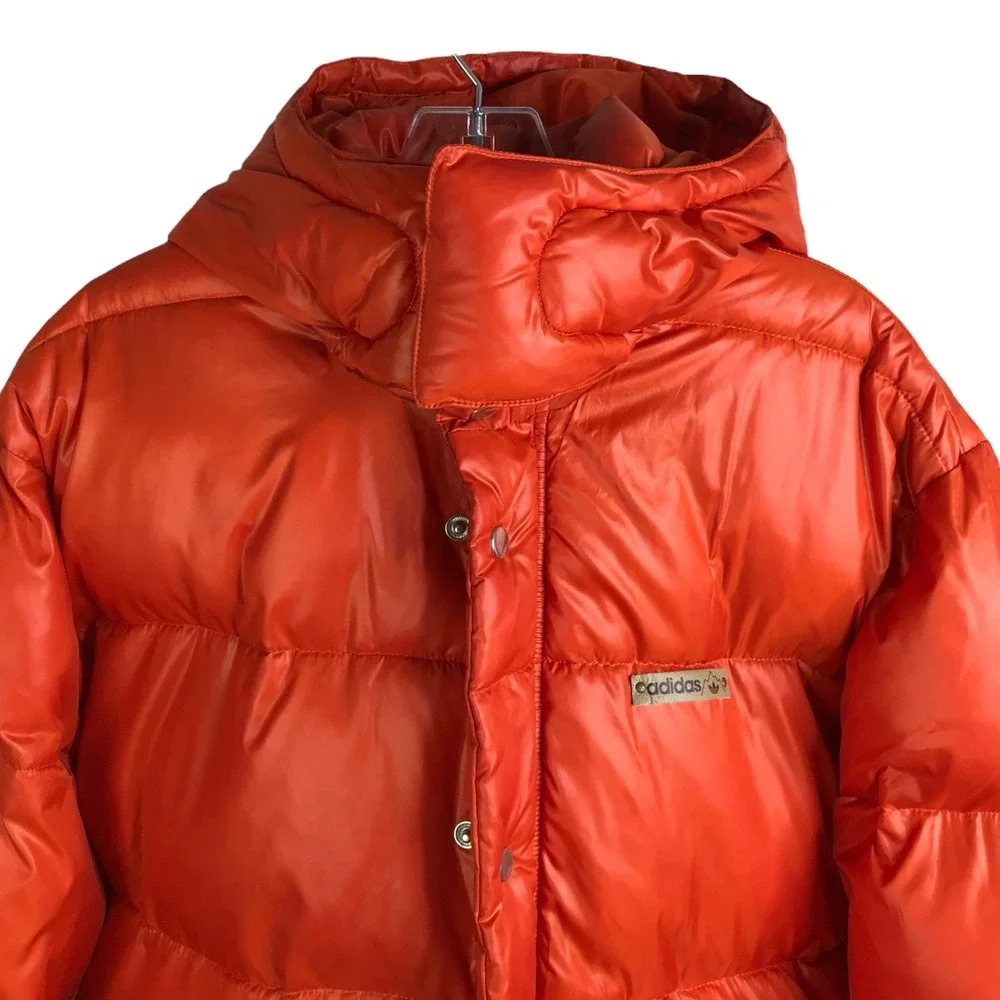 Adidas Puffer Jacket Mens Sz‎ M Bright Orange Detachable Hood Snap Zip Up